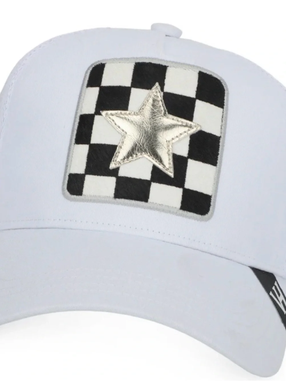 White Cap with Checker Patch and Washed Gold Star Vintage Havana Trucker Hat NWT